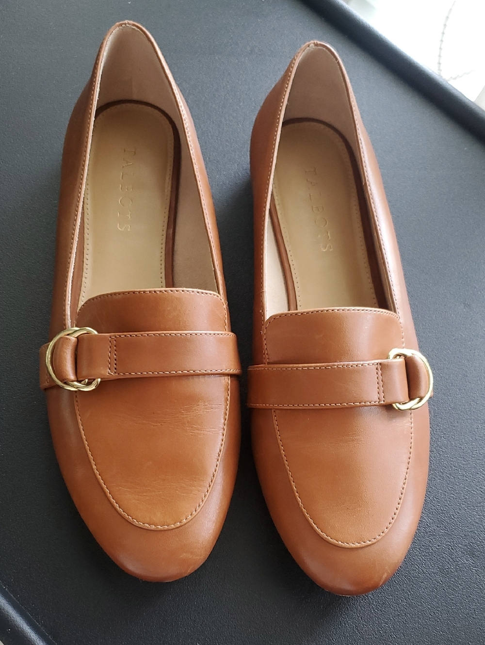 Talbots Cognac Leather Loafers with Gold Ring Accent